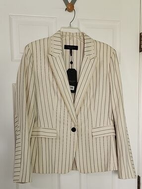 rag & bone Millie Blazer Frayed Ivory with Black Pinstripe Cotton  Size 10 NWT